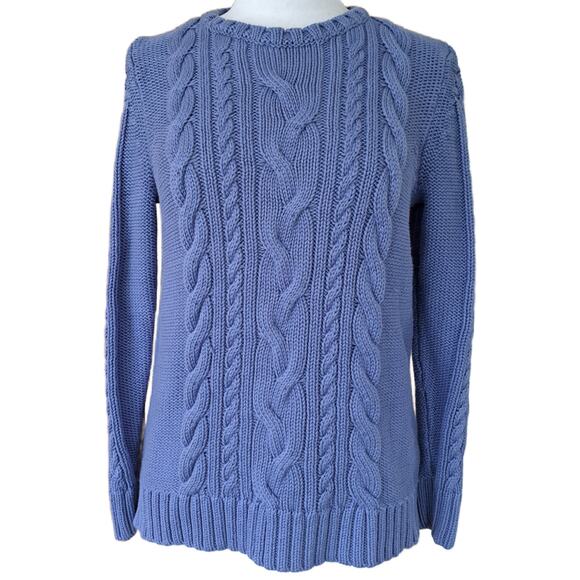 L.L. BEAN Double L Cable Knit Sweater Crewneck Large Periwinkle Blue Chunky - Picture 1 of 8